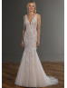 Deep V Neck Beaded Ivory Lace Tulle Deep V Back Wedding Dress